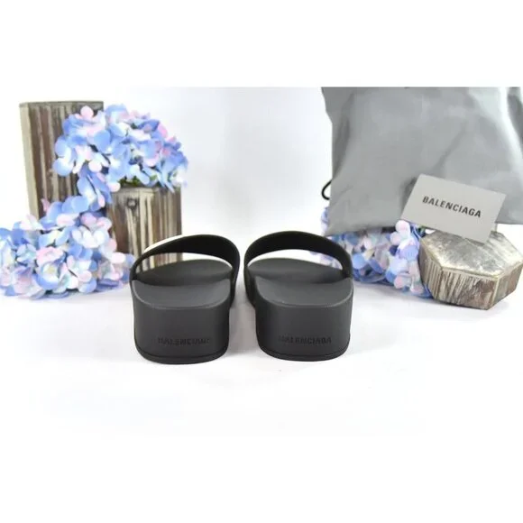 Balenciaga BB Black Rubber Wedge Slide Sandals Size 39 NIB